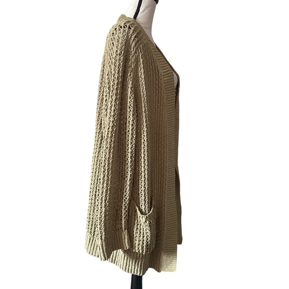 Womens Open Front Knit Cardigan Light Khaki Textured Pockets Long Sleeve XL - Picture 3 of 9